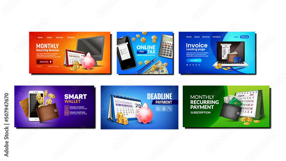 Sticker Payment Creative Promotion Posters Set Vector. Invoice And Tax Online Pay, Monthly Recurring Revenue And Payment, Smart Wallet And Deadline Of Pay Advertising Banners. Concept Template Illustrations