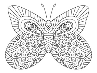 Hand-drawn fantasy butterfly colouring book page for adults vector. Funny cartoon linear insect with big ornamental wings. Black outline butterfly isolated on white vector illustration