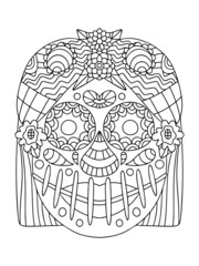 Decorative skull hand-drawn coloring book page for adults vector illustration. Ornamental skull with masks and flowers for Dia de los Muertos. Traditional Mexican festival coloring page vertical page