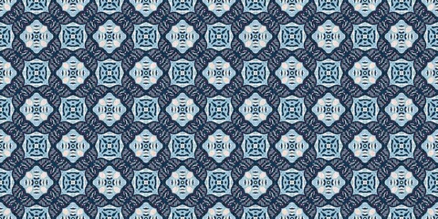 Indigo blue red batik geo nautical seamless border pattern. Modern marin geometric kaleidoscope banner. Nantucket fabric textile style. Summer rustic masculine worn linen effect edging trim tape 