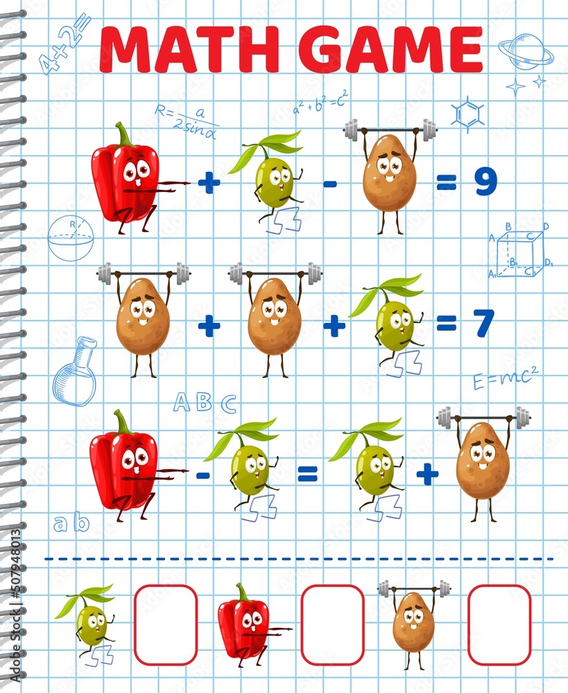 Poster pepper, olive and potato characters, math game worksheet, vector education maze. kids math puzzle wi