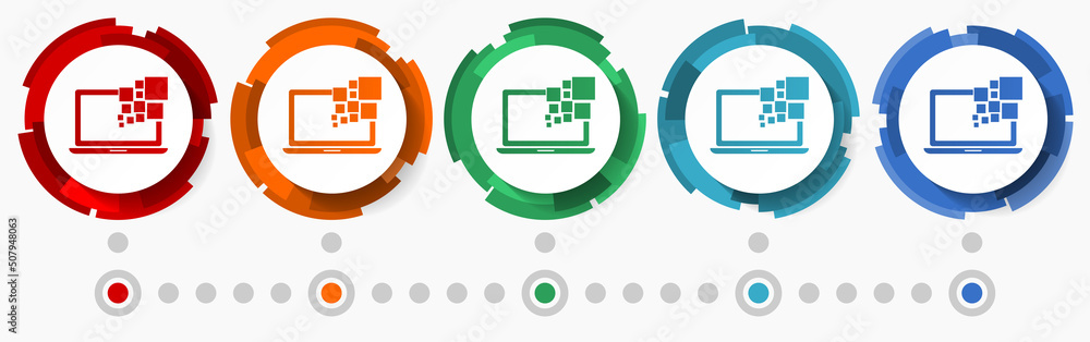 Poster Notebook, computer concept vector icon set, modern design abstract web buttons in 5 color options, infographic template for webdesign and mobile apps
