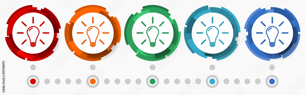 Poster Bulb, lightbulb, idea concept vector icon set, modern design abstract web buttons in 5 color options, infographic template for webdesign and mobile apps