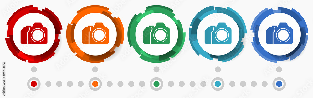 Poster Photo camera concept vector icon set, modern design abstract web buttons in 5 color options, infographic template for webdesign and mobile apps