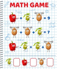 Pepper, olive and potato characters, math game worksheet, vector education maze. Kids math puzzle with vegetables for mathematics addition and subtraction riddle for count and calculation skills