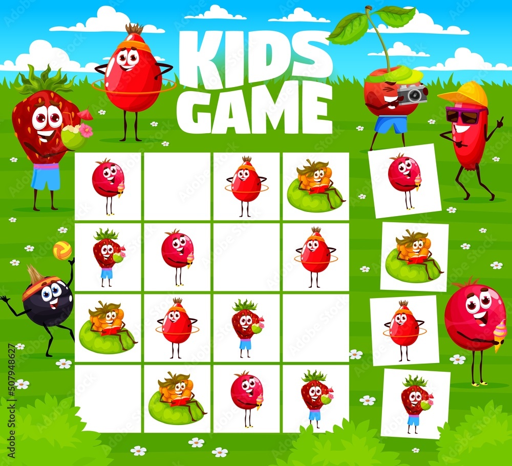 Poster sudoku game worksheet. cartoon berry characters on summer meadow. vector kids boardgame riddle with 