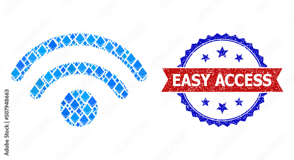Poster blue crystal mosaic wi-fi source icon, and bicolor textured easy access seal. gemstone related parts