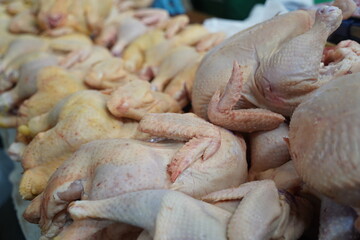 Almaty, Kazakhstan - 03.25.2022 : Sale of chicken meat on the open market
