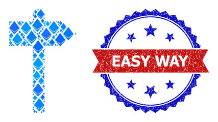 Blue brilliant collage road pointer icon, and bicolor rubber Easy Way seal stamp. Gemstone related parts are united into abstract collage road pointer icon.