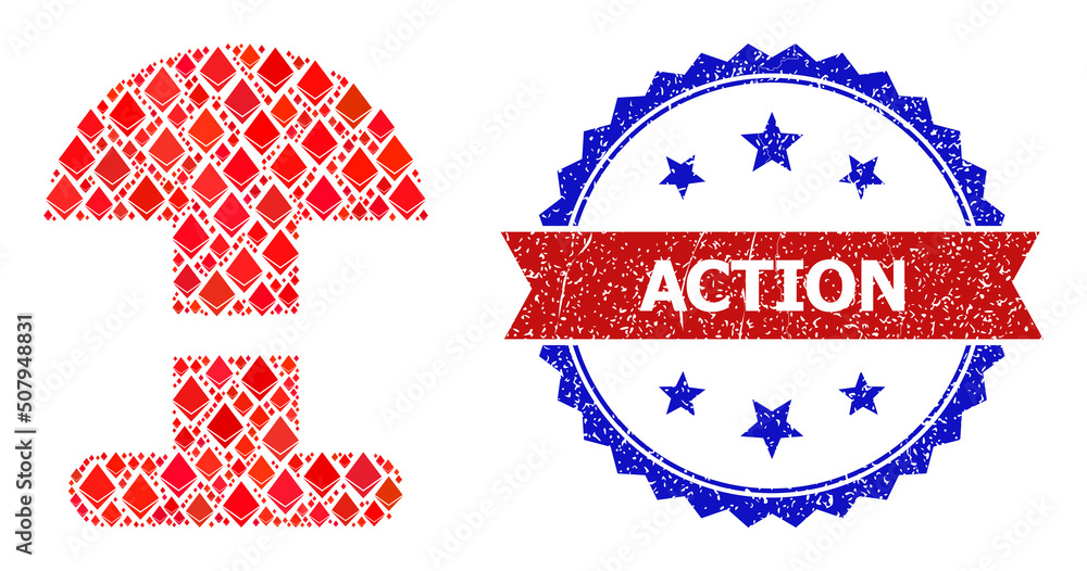 Poster vector gem composition alarm button icon, and bicolor scratched action seal stamp. red round seal co