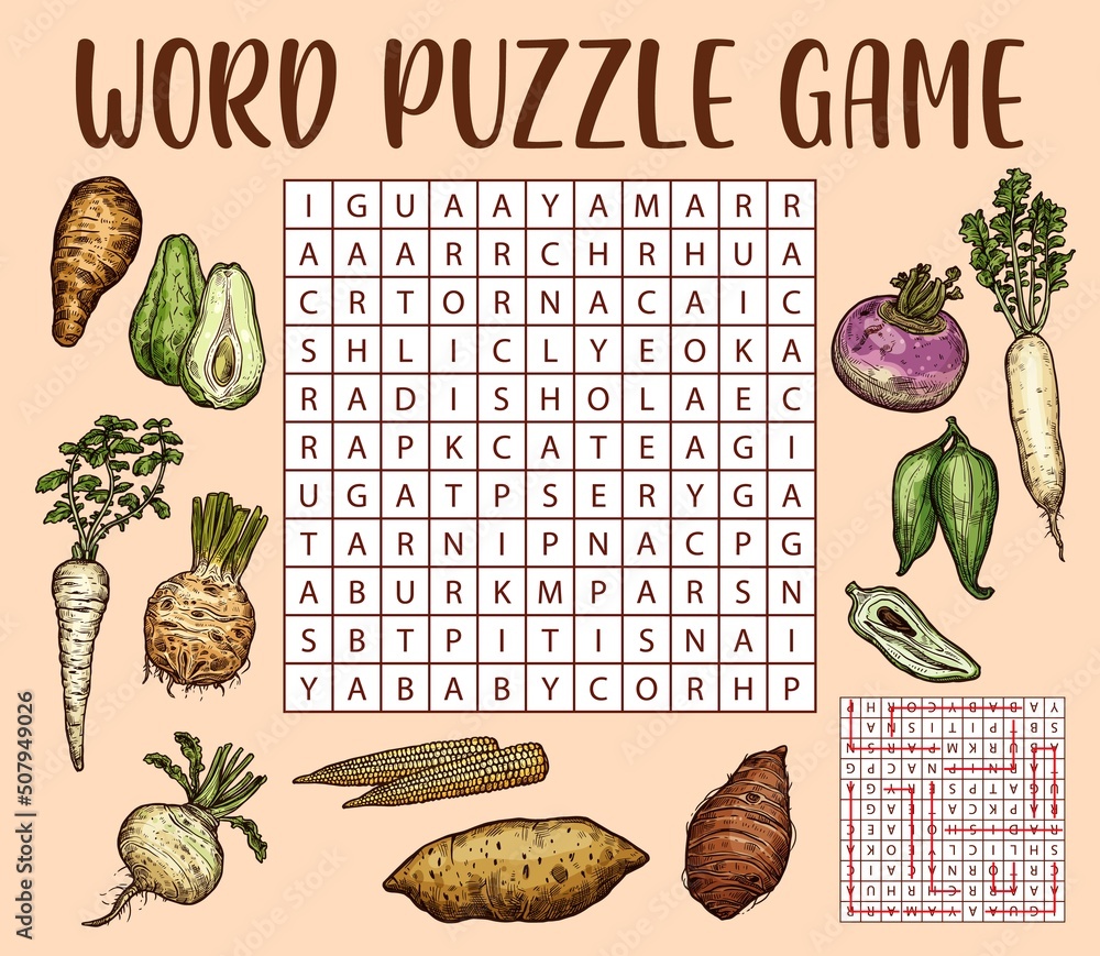 Poster raw isolated vegetable sketches on word search puzzle game worksheet. children quiz grid, educationa