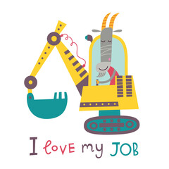 Cute goat excavator operator. Vector illustration on a white background. 