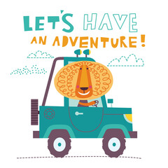 Cute lion is going by car. Vector illustration on a white background.