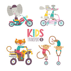 Kids transport collection with cute animals. Part 5. Vector illustration on a white background. Tandem, chopper, quad bike, unicycle.