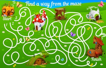 Obraz premium Labyrinth maze with cartoon fairy houses and dwellings of elf or gnome, vector kids game. Labyrinth maze worksheet puzzle to find road way to elf house of pumpkin, mushroom, boot and tree stump