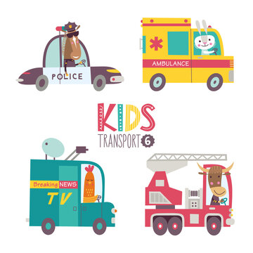 Kids transport collection with cute animals. Part 6. Vector illustration on a white background. Police car , ambulance, TV van, fire engine.