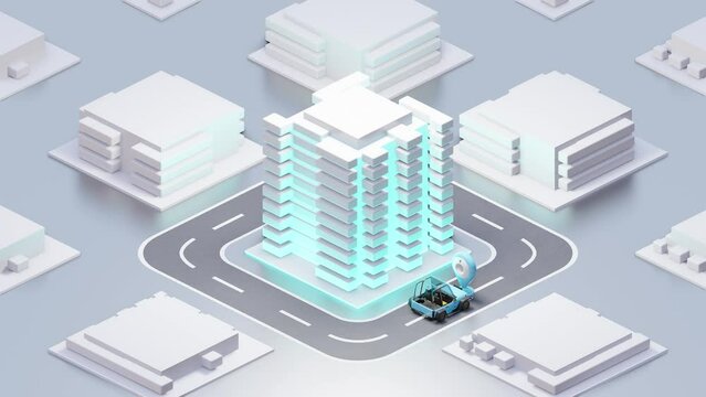 Blue cars follow track using gps navigation. design concept Minimal and location map pin animation loop GPS, 3D Render.