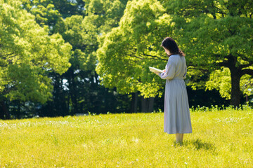 Fototapeta premium 夏の公園で散歩して読書している中年女性の姿