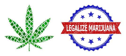 Vector gem collage cannabis leaf icon, and bicolor unclean Legalize Marijuana stamp. Red round stamp seal contains Legalize Marijuana text inside circle.