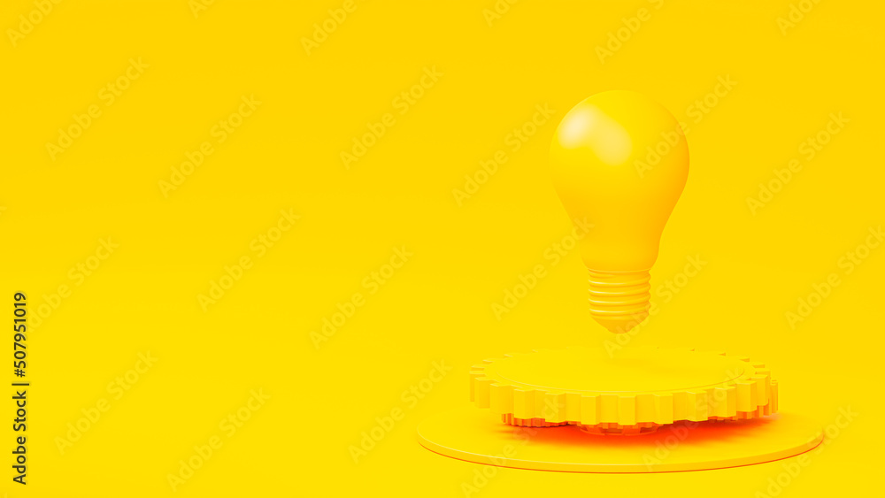 Poster minimal concept. yellow light bulb floating on gear. concept, idea drive and development. 3d render.