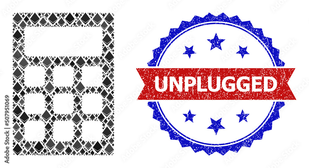 Poster vector ethereum mosaic calculator icon, and bicolor rubber unplugged seal. red round seal has unplug