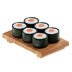Sushi rolls set with salmon trendy isometric illustration on white background. 3D rendering.