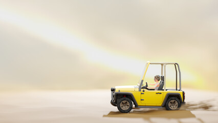 Little girl driving  yellow car in empty space desert-like. Bright light from the sun background.  Cartoon, 3D Render.