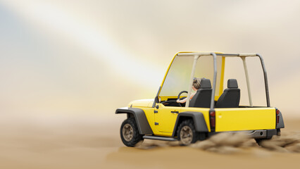 Little girl driving  yellow car in empty space desert-like. Bright light from the sun background.  Cartoon, 3D Render.