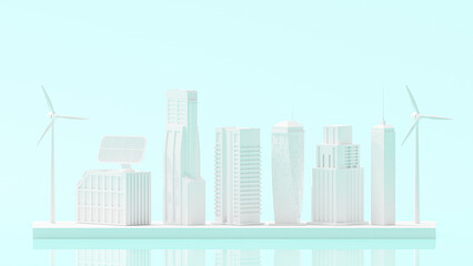 Obraz premium Minimal concept. White building and electric turbine mockup set lined up on blue background. 3D Render.