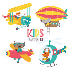 Kids transport collection with cute animals. Part 1. Vector illustration on a white background. Airplane, airship, plane, helicopter.