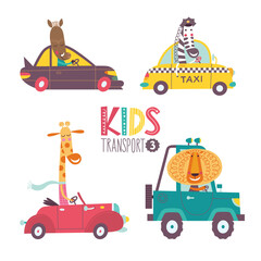 Naklejka premium Kids transport collection with cute animals. Part 3. Vector illustration on a white background. Car, taxi, cabriolet, jeep.