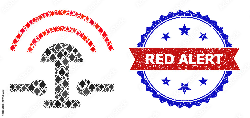 Poster vector gemstone mosaic alarm button ring icon, and bicolor grunge red alert seal stamp. red round ba