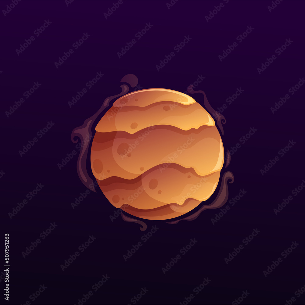 Poster Galaxy planet with layers and smoke, vector element of space game ui or gui design. Cartoon fantasy world universe brown sand planet, star or asteroid with dunes and swirling haze of clouds