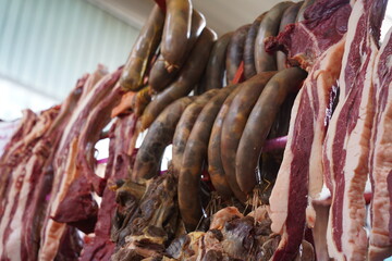 Almaty, Kazakhstan - 03.25.2022 : Different types of meat are sold in a retail store on the open market