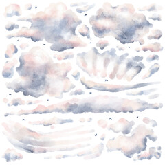 Fototapeta na wymiar Watercolor hand drawn set with delicate illustration of blue, pink clouds, silhouettes flying birds isolated on white background. Collection of different types of sunset clouds pinnate, cumulus, rain