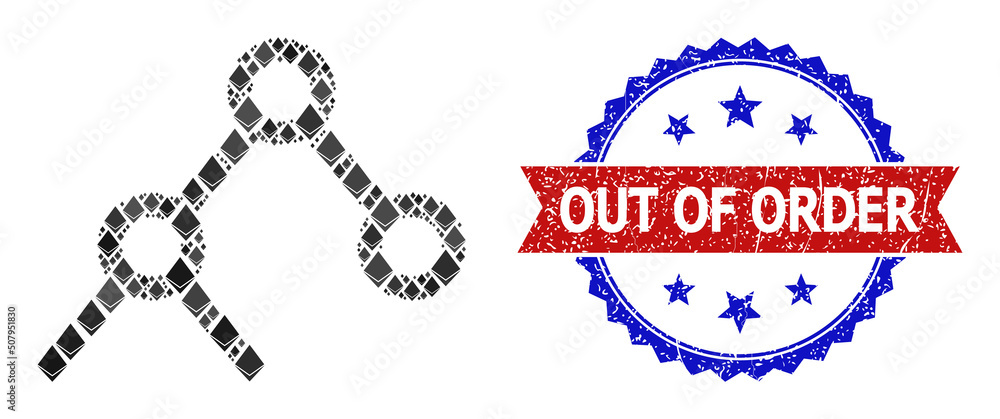 Poster vector diamond collage binary links icon, and bicolor scratched out of order seal. red round stamp s