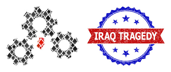 Vector brilliant collage broken gear mechanism icon, and bicolor unclean Iraq Tragedy seal stamp. Red round seal has Iraq Tragedy title inside circle.