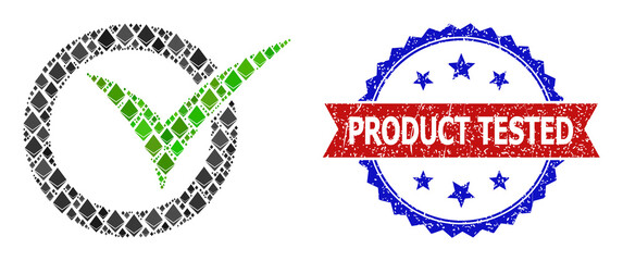 Vector jevel collage approve icon, and bicolor scratched Product Tested seal stamp. Red round stamp includes Product Tested title inside circle. Approve collage is organized of jevel elements.
