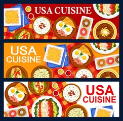 USA cuisine banners, American food menu of restaurant dishes, vector meals. US American traditional breakfast, lunch and dinner food meals, baked beans and fried eggs with bacon, hot dog and donuts