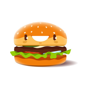 Cartoon burger character, funny vector fast food personage. Takeaway fastfood with kawaii smiling face. Happy junk meal hamburger emoji, beefburger with meat and vegetables isolated character