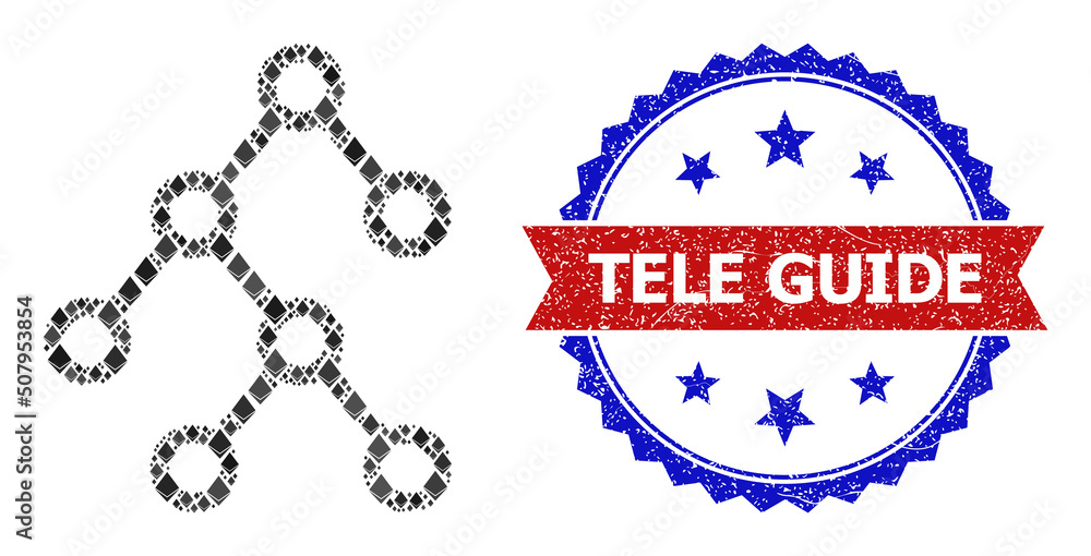 Poster vector diamond mosaic binary tree icon, and bicolor grunge tele guide stamp. red round stamp seal ha