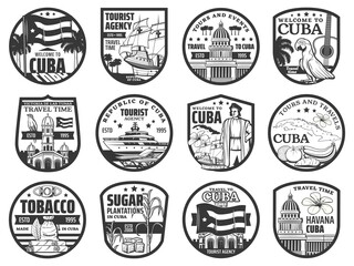 Fototapeta premium Cuba travel and tourism icons, Havana landmarks and city tours, vector. Cuba signs, Caribbean sea boat trips, travel agency emblems with Cuba sightseeing and attraction landmarks