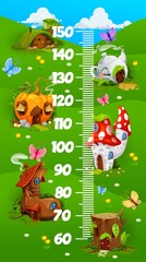 Kids height chart ruler village of gnome or elf cartoon houses. Vector growth meter with amanita mushroom, stump, pumpkin and hillock or boot cottages on green meadow children scale, wall sticker