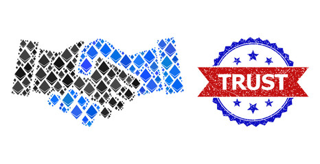 Vector brilliant collage business hands icon, and bicolor unclean Trust stamp. Red round seal contains Trust title inside circle. Business hands collage is organized of brilliant items.