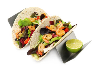 Delicious tacos with shrimps and lime on white background