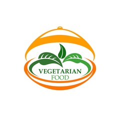 Vegetarian food vector icon with green salad leaves and fresh leaf vegetables on serving tray with lid. Healthy vegan food and organic farm product isolated symbol of vegetarian restaurant or cafe