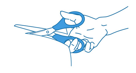 ハサミで紙を切る手のイラスト 線画 ブルー