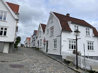 Historic wooden houses and narrow streets in old part of Stavanger Norway