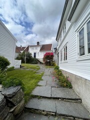Historic wooden houses and narrow streets in old part of Stavanger Norway