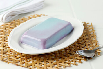 Bubblegum Pudding on White Plate. HOmemade Soft Silky Pudding